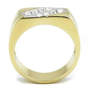 CJE3186 Wholesale Men's Stainless Steel Two-Tone IP Gold Clear Top Grade Crystal Ring