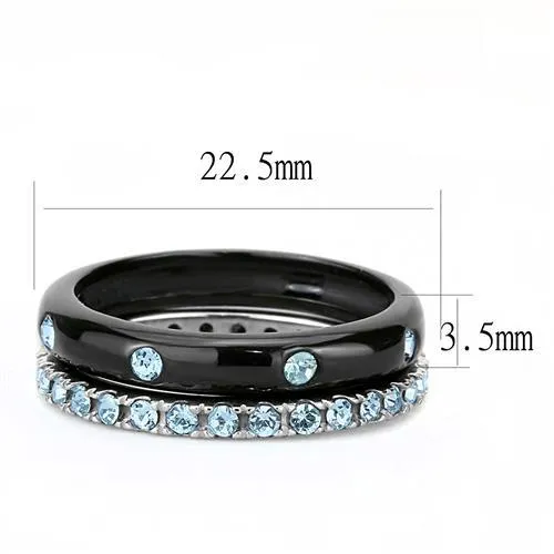 CJE3233 Wholesale Women's Stainless Steel Two-Tone IP Black Top Grade Crystal Sea Blue Stackable Ring