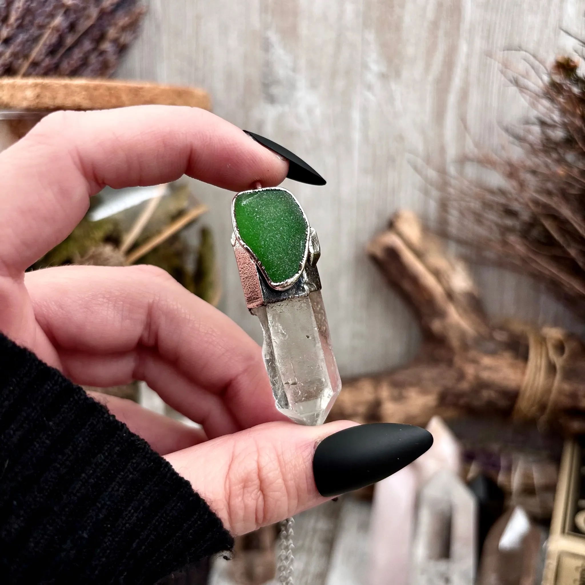 Clear Quartz & Green Sea Glass Crystal Statement Necklace in Fine Silver / Foxlark Collection - One of a Kind