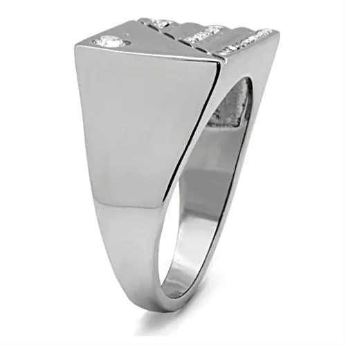 Clear Synthetic Crystal Stainless Steel Men's Ring - High Polished Round Design for Men's Jewelry