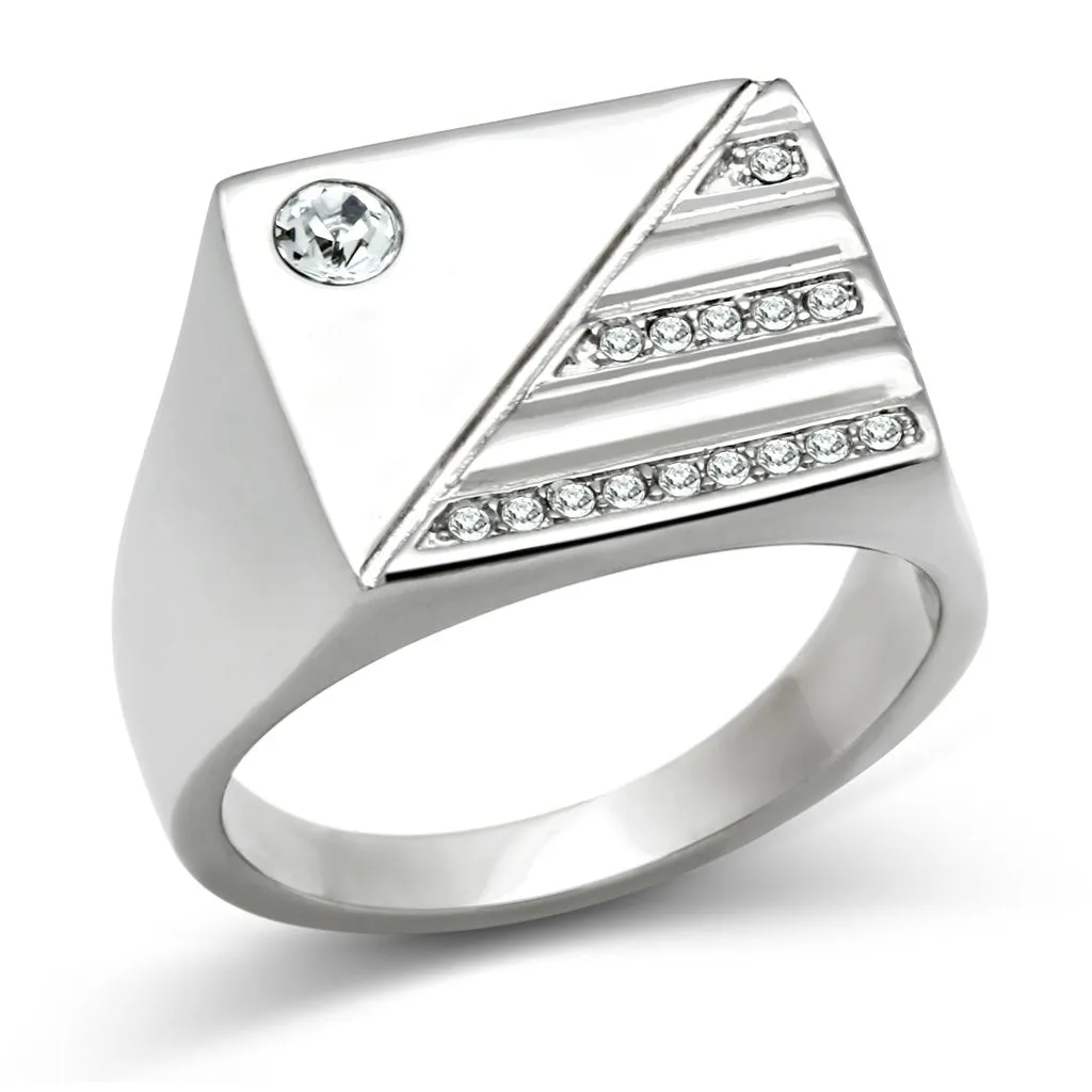 Clear Synthetic Crystal Stainless Steel Men's Ring - High Polished Round Design for Men's Jewelry