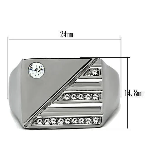 Clear Synthetic Crystal Stainless Steel Men's Ring - High Polished Round Design for Men's Jewelry