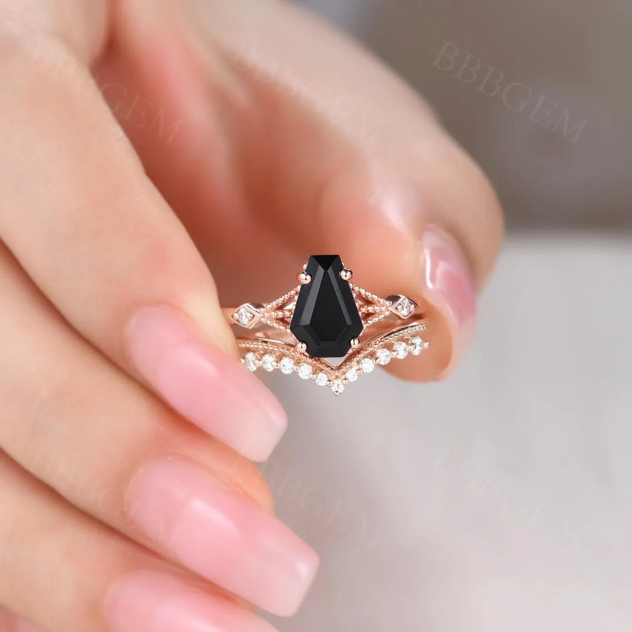 Coffin Cut Black Spinel Engagement Ring Set With Diamond Milgrain Curve Band Gold Ring