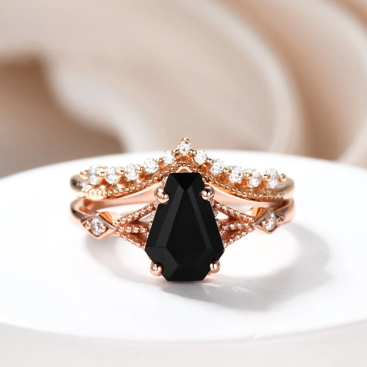 Coffin Cut Black Spinel Engagement Ring Set With Diamond Milgrain Curve Band Gold Ring