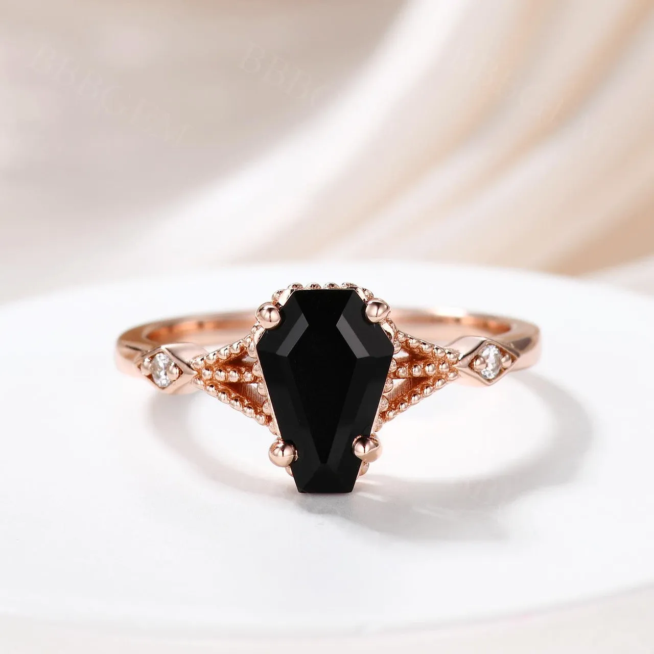 Coffin Cut Black Spinel Engagement Ring Set With Diamond Milgrain Curve Band Gold Ring