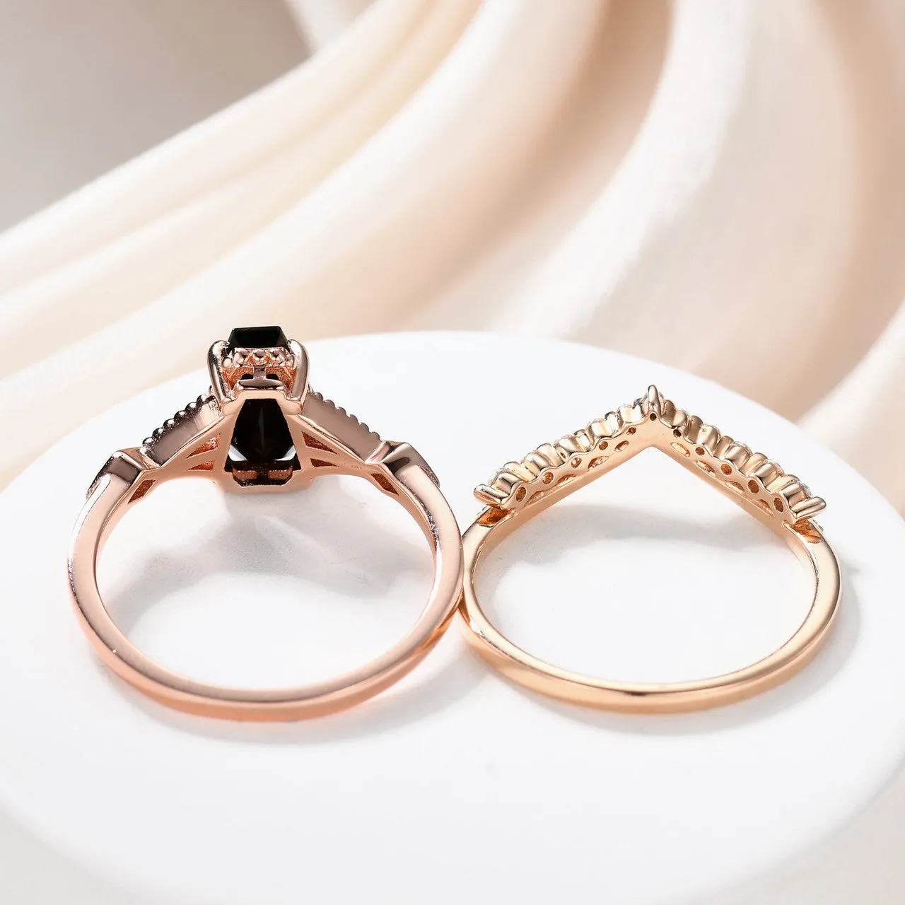 Coffin Cut Black Spinel Engagement Ring Set With Diamond Milgrain Curve Band Gold Ring
