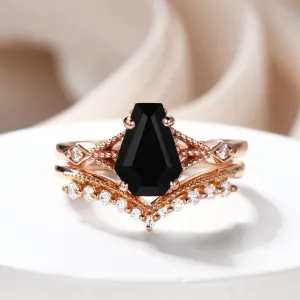 Coffin Cut Black Spinel Engagement Ring Set With Diamond Milgrain Curve Band Gold Ring