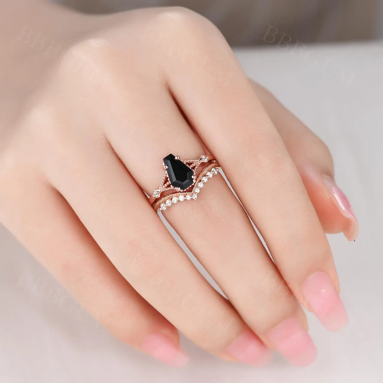 Coffin Cut Black Spinel Engagement Ring Set With Diamond Milgrain Curve Band Gold Ring