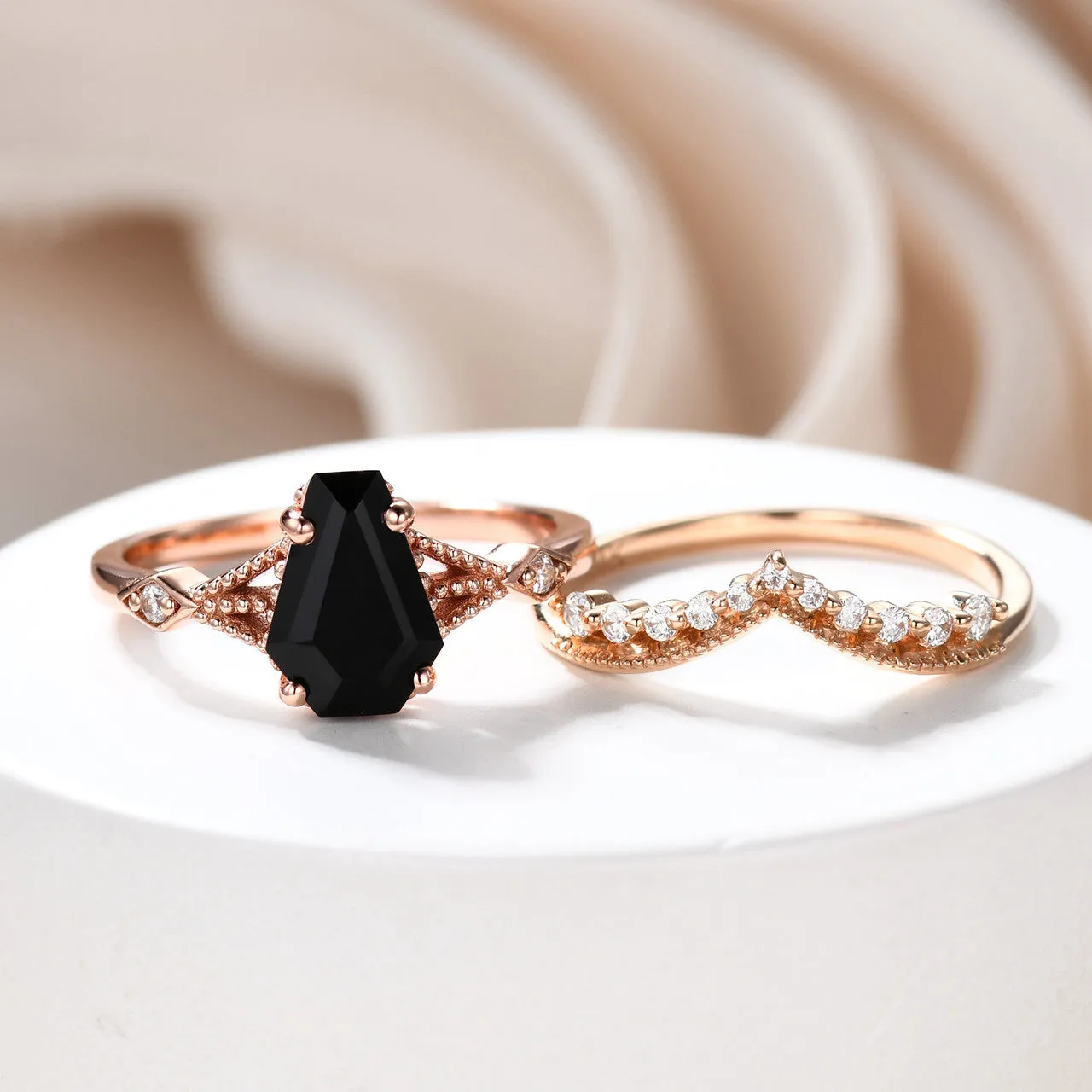 Coffin Cut Black Spinel Engagement Ring Set With Diamond Milgrain Curve Band Gold Ring