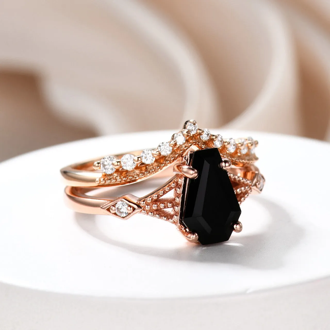 Coffin Cut Black Spinel Engagement Ring Set With Diamond Milgrain Curve Band Gold Ring
