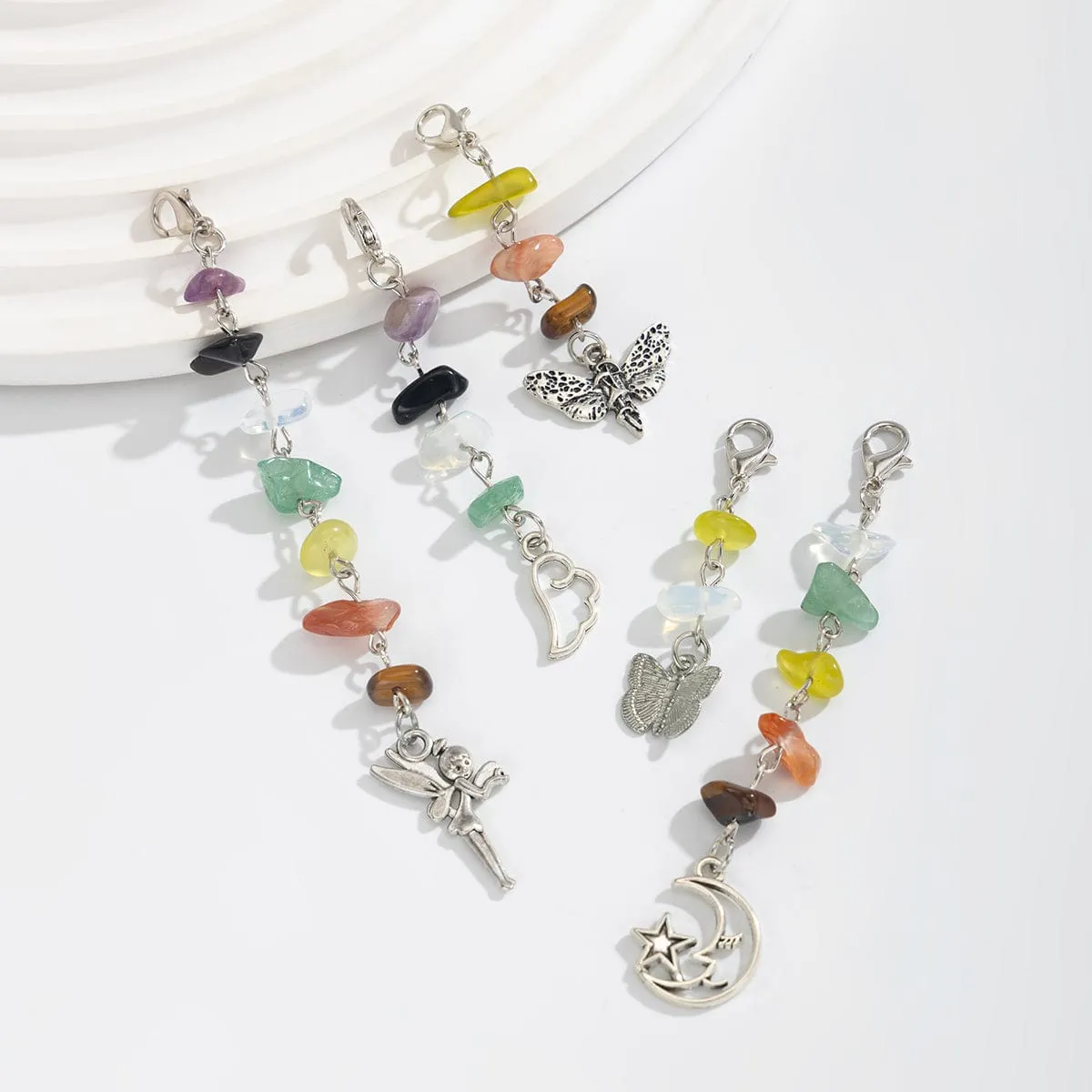 Colorful 5pcs Crystal Stone Elf Moon Star Dragonfly Charm Hair Braids Ring Set