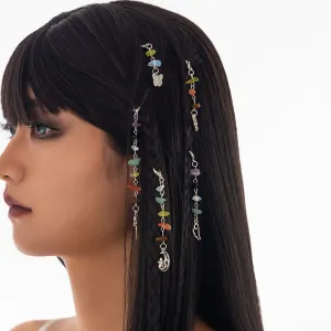 Colorful 5pcs Crystal Stone Elf Moon Star Dragonfly Charm Hair Braids Ring Set