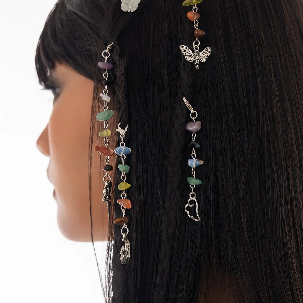 Colorful 5pcs Crystal Stone Elf Moon Star Dragonfly Charm Hair Braids Ring Set