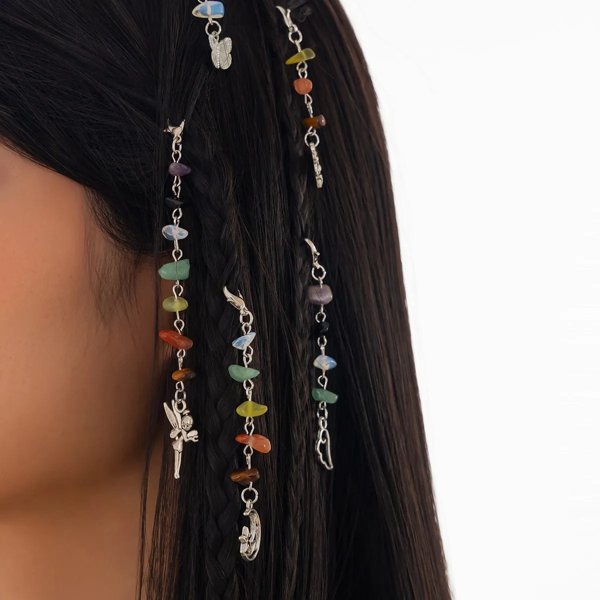 Colorful 5pcs Crystal Stone Elf Moon Star Dragonfly Charm Hair Braids Ring Set
