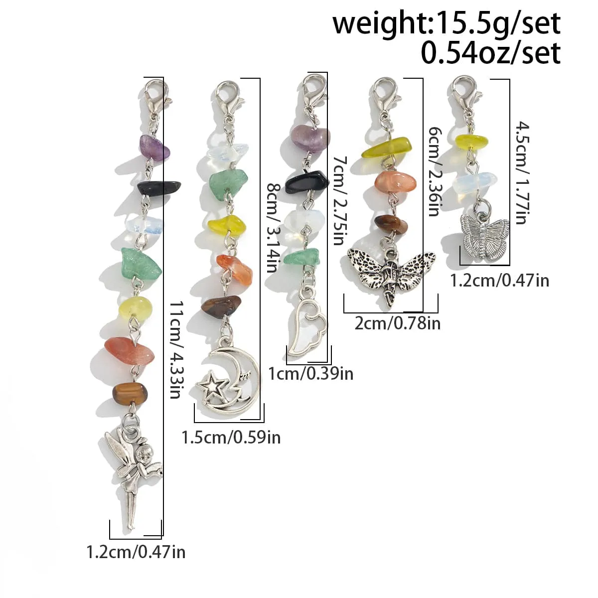 Colorful 5pcs Crystal Stone Elf Moon Star Dragonfly Charm Hair Braids Ring Set