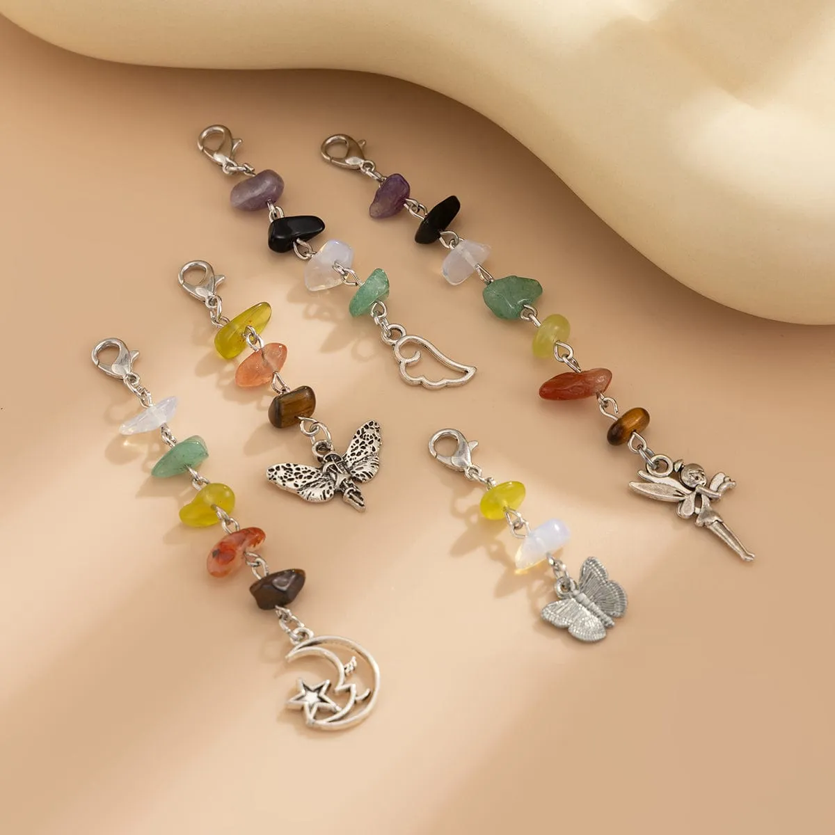 Colorful 5pcs Crystal Stone Elf Moon Star Dragonfly Charm Hair Braids Ring Set