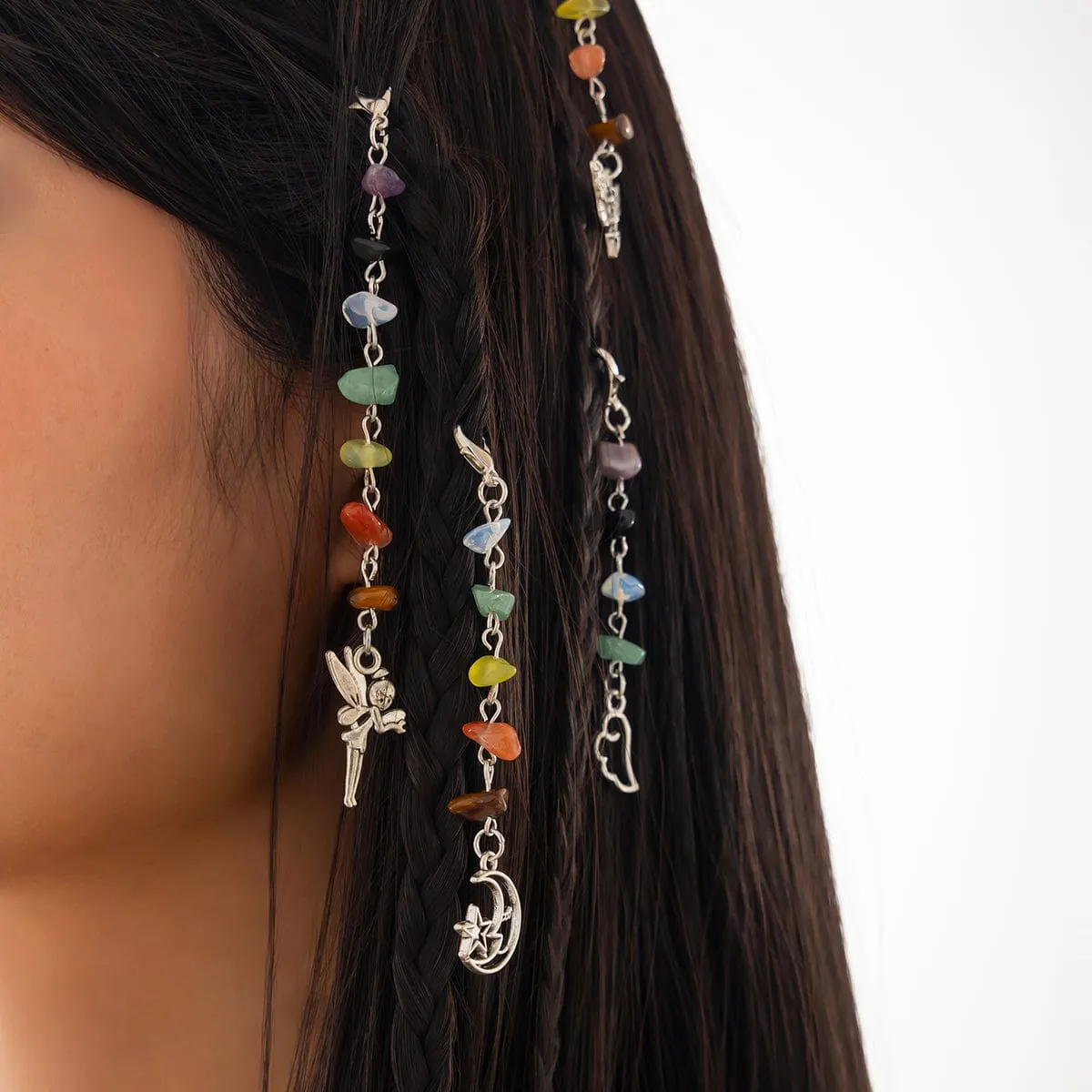 Colorful 5pcs Crystal Stone Elf Moon Star Dragonfly Charm Hair Braids Ring Set