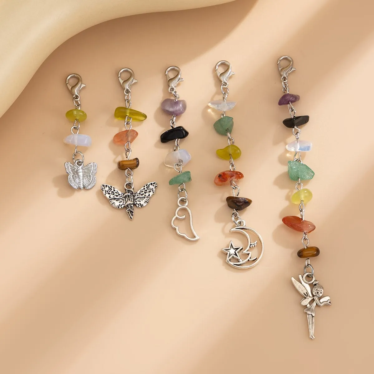 Colorful 5pcs Crystal Stone Elf Moon Star Dragonfly Charm Hair Braids Ring Set