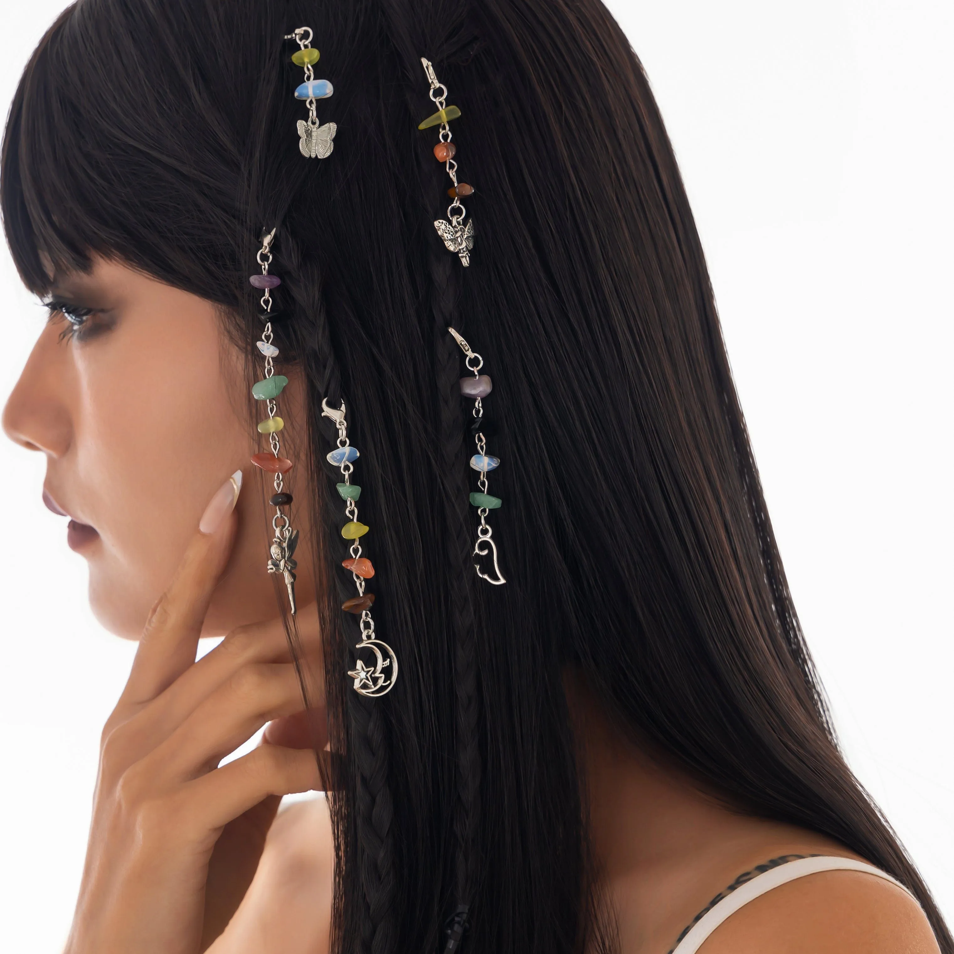 Colorful 5pcs Crystal Stone Elf Moon Star Dragonfly Charm Hair Braids Ring Set