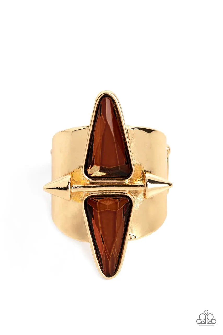 Combustible Compass - Brown - Triangular Gem Gold Paparazzi Ring