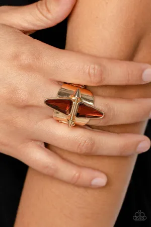 Combustible Compass - Brown - Triangular Gem Gold Paparazzi Ring