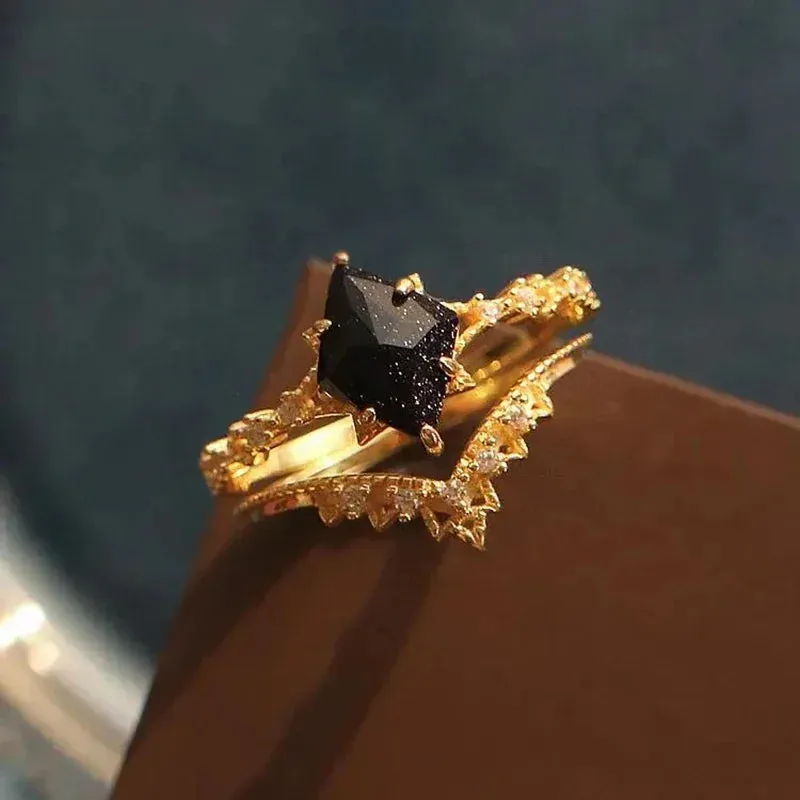 Court Style Lace Blue Crystal Micro Setting Diamond Stacking Ring Gold Plated Luxury Ladies Jewelry