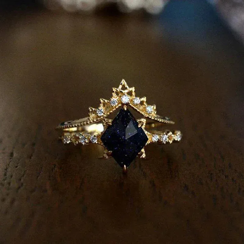 Court Style Lace Blue Crystal Micro Setting Diamond Stacking Ring Gold Plated Luxury Ladies Jewelry