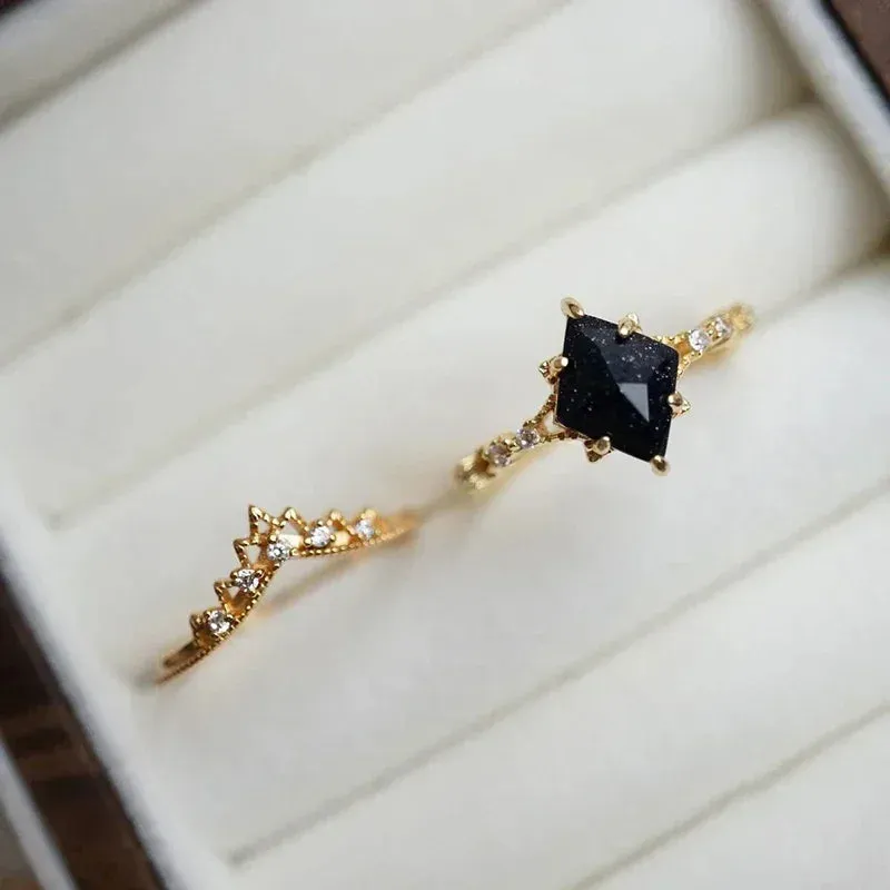 Court Style Lace Blue Crystal Micro Setting Diamond Stacking Ring Gold Plated Luxury Ladies Jewelry