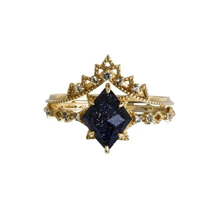 Court Style Lace Blue Crystal Micro Setting Diamond Stacking Ring Gold Plated Luxury Ladies Jewelry
