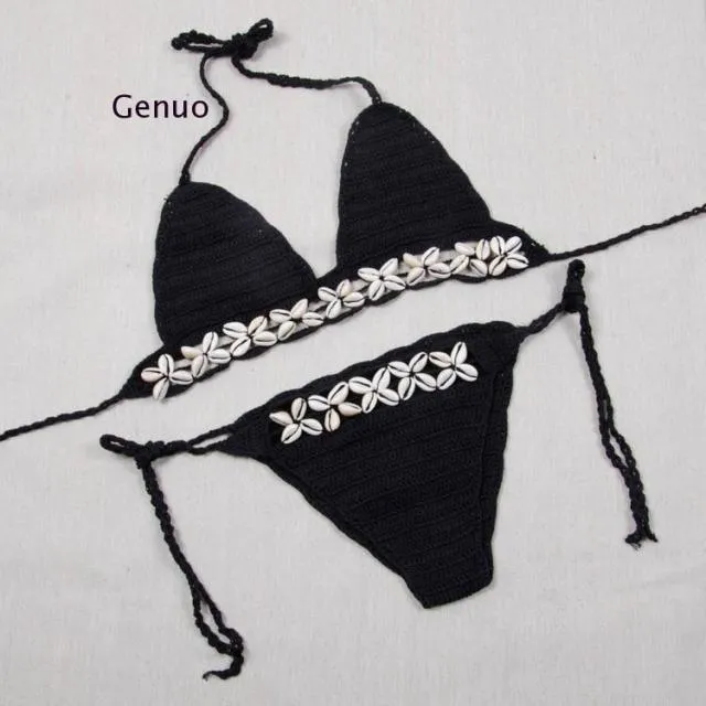 Crochet Cowrie Shell Bikini Black Or White You Choose Boho Triangle Top & Tie Side Bottoms Seashell Beach Swimsuit One Size Fits Small Medium Or Large