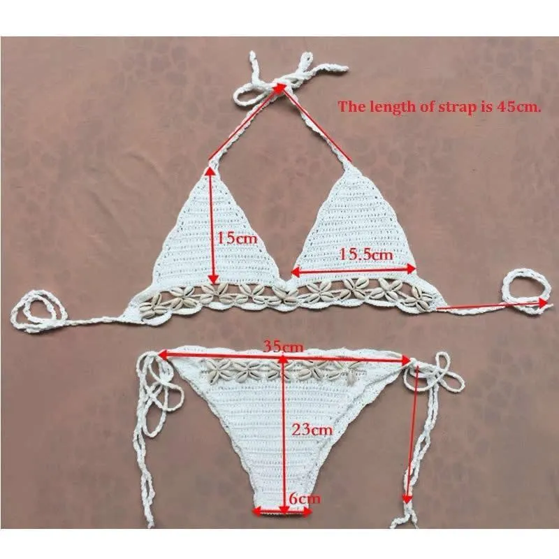 Crochet Cowrie Shell Bikini Black Or White You Choose Boho Triangle Top & Tie Side Bottoms Seashell Beach Swimsuit One Size Fits Small Medium Or Large