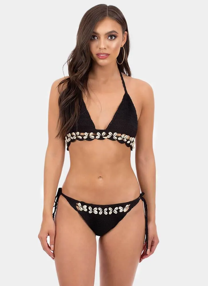 Crochet Cowrie Shell Bikini Black Or White You Choose Boho Triangle Top & Tie Side Bottoms Seashell Beach Swimsuit One Size Fits Small Medium Or Large
