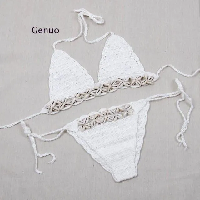 Crochet Cowrie Shell Bikini Black Or White You Choose Boho Triangle Top & Tie Side Bottoms Seashell Beach Swimsuit One Size Fits Small Medium Or Large