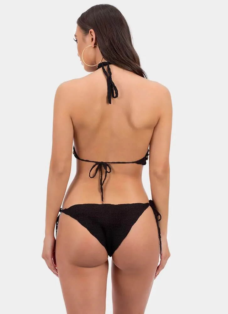 Crochet Cowrie Shell Bikini Black Or White You Choose Boho Triangle Top & Tie Side Bottoms Seashell Beach Swimsuit One Size Fits Small Medium Or Large