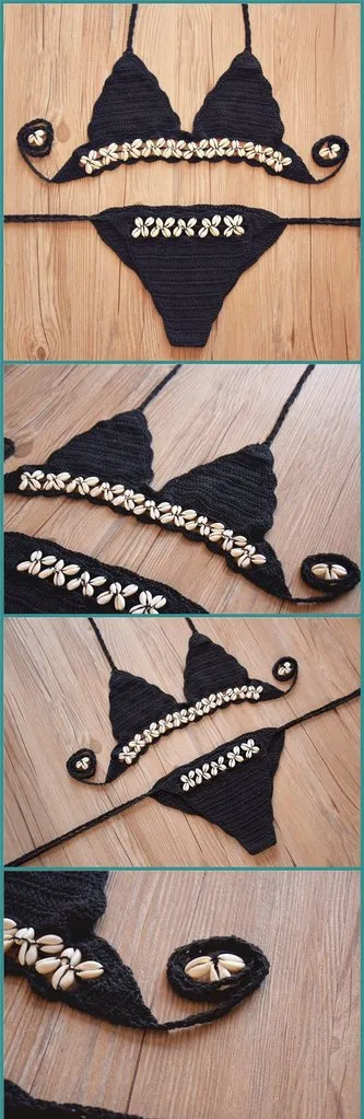 Crochet Cowrie Shell Bikini Black Or White You Choose Boho Triangle Top & Tie Side Bottoms Seashell Beach Swimsuit One Size Fits Small Medium Or Large