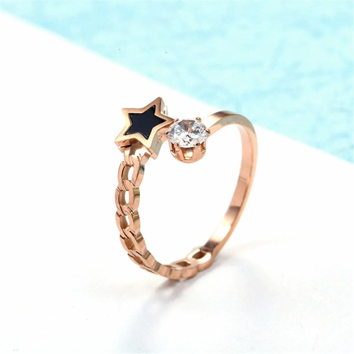 Cubic Zirconia & 18K Rose Gold-Plated Star Bypass Ring