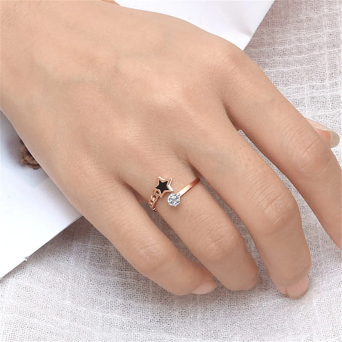 Cubic Zirconia & 18K Rose Gold-Plated Star Bypass Ring