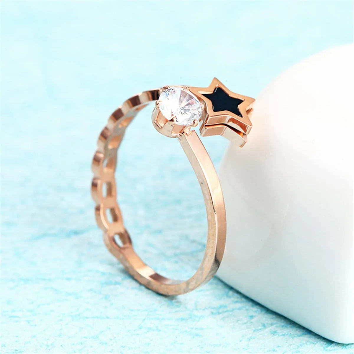 Cubic Zirconia & 18K Rose Gold-Plated Star Bypass Ring