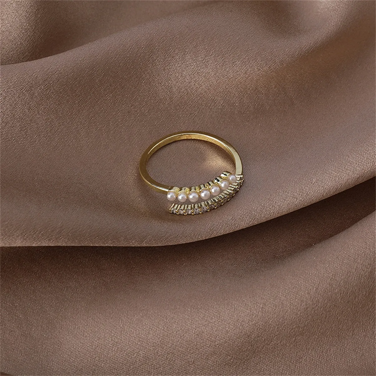 Cubic Zirconia & Pearl 18K Gold-Plated Prong-Set Bypass Ring