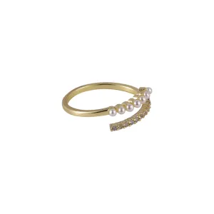 Cubic Zirconia & Pearl 18K Gold-Plated Prong-Set Bypass Ring