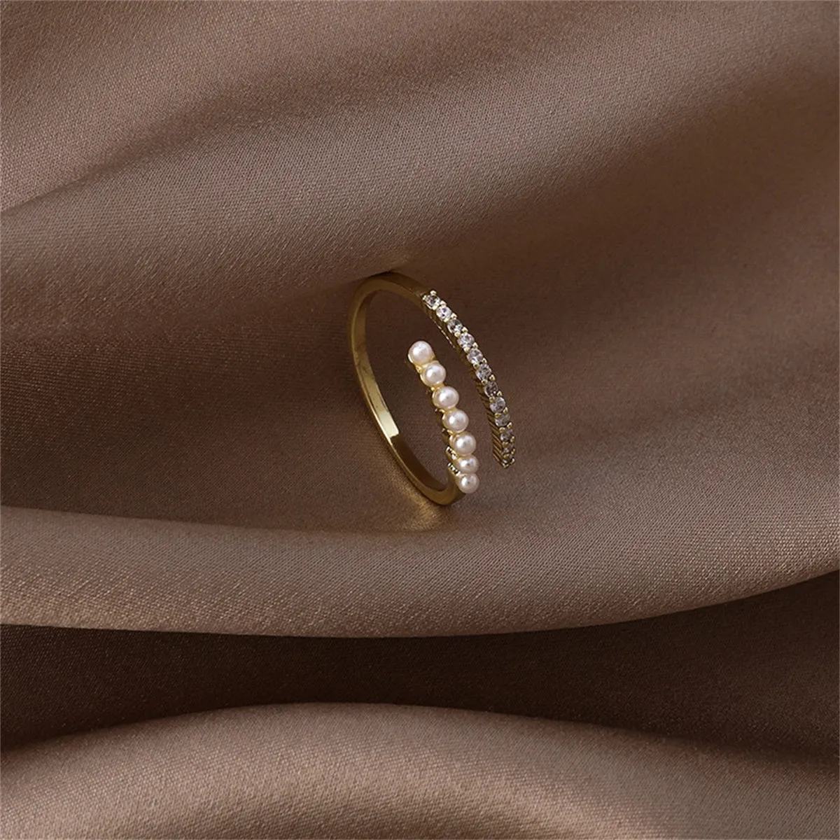 Cubic Zirconia & Pearl 18K Gold-Plated Prong-Set Bypass Ring