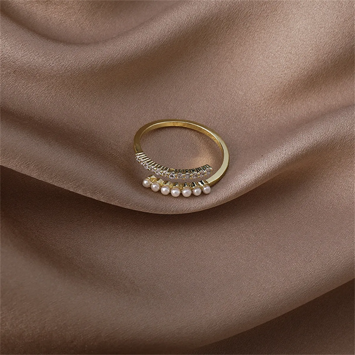 Cubic Zirconia & Pearl 18K Gold-Plated Prong-Set Bypass Ring