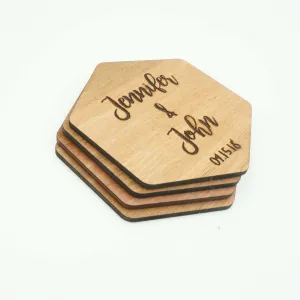 Custom Modern Hexagon Wooden Drink Coasters Couples Name Wedding Date Gift-Set of 6