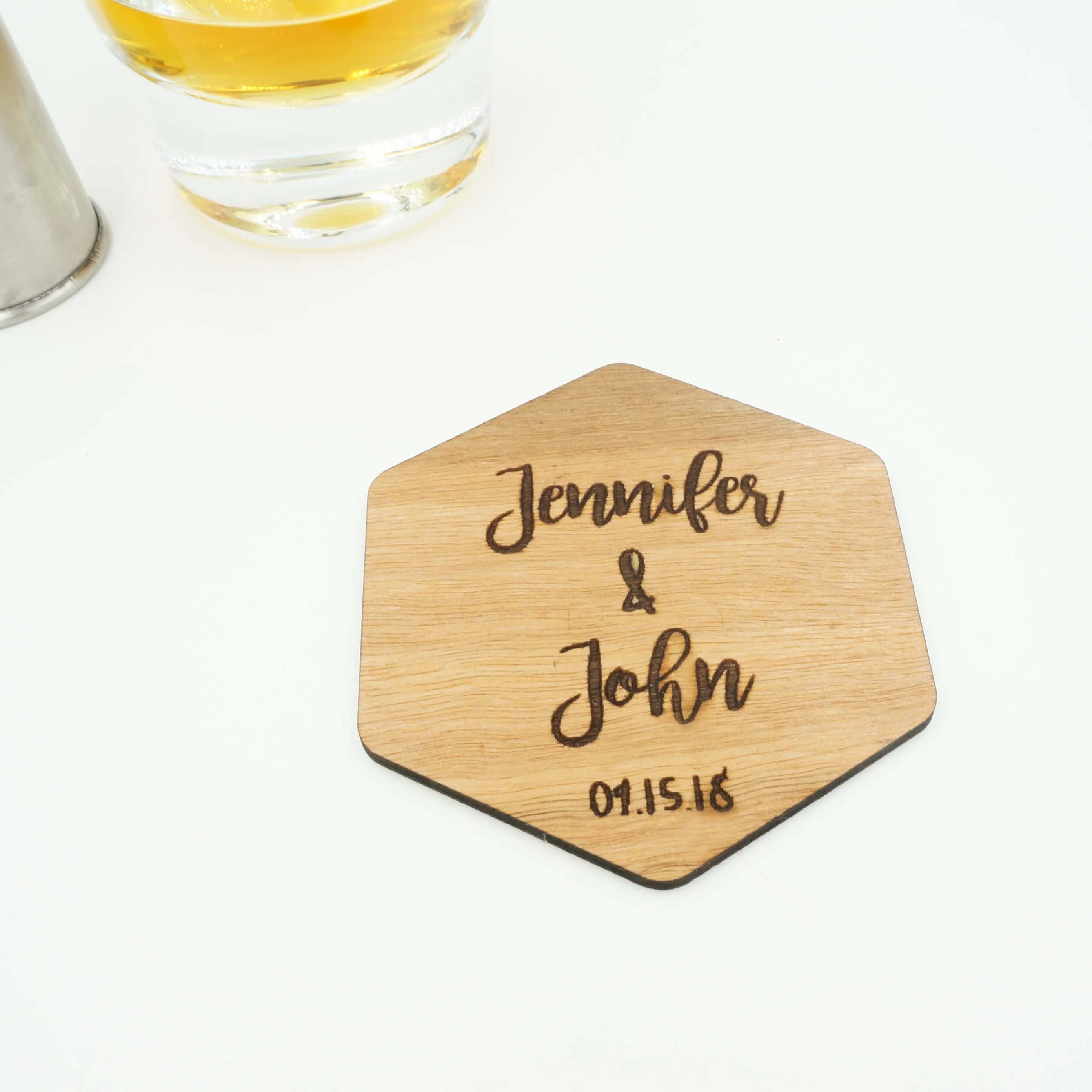 Custom Modern Hexagon Wooden Drink Coasters Couples Name Wedding Date Gift-Set of 6