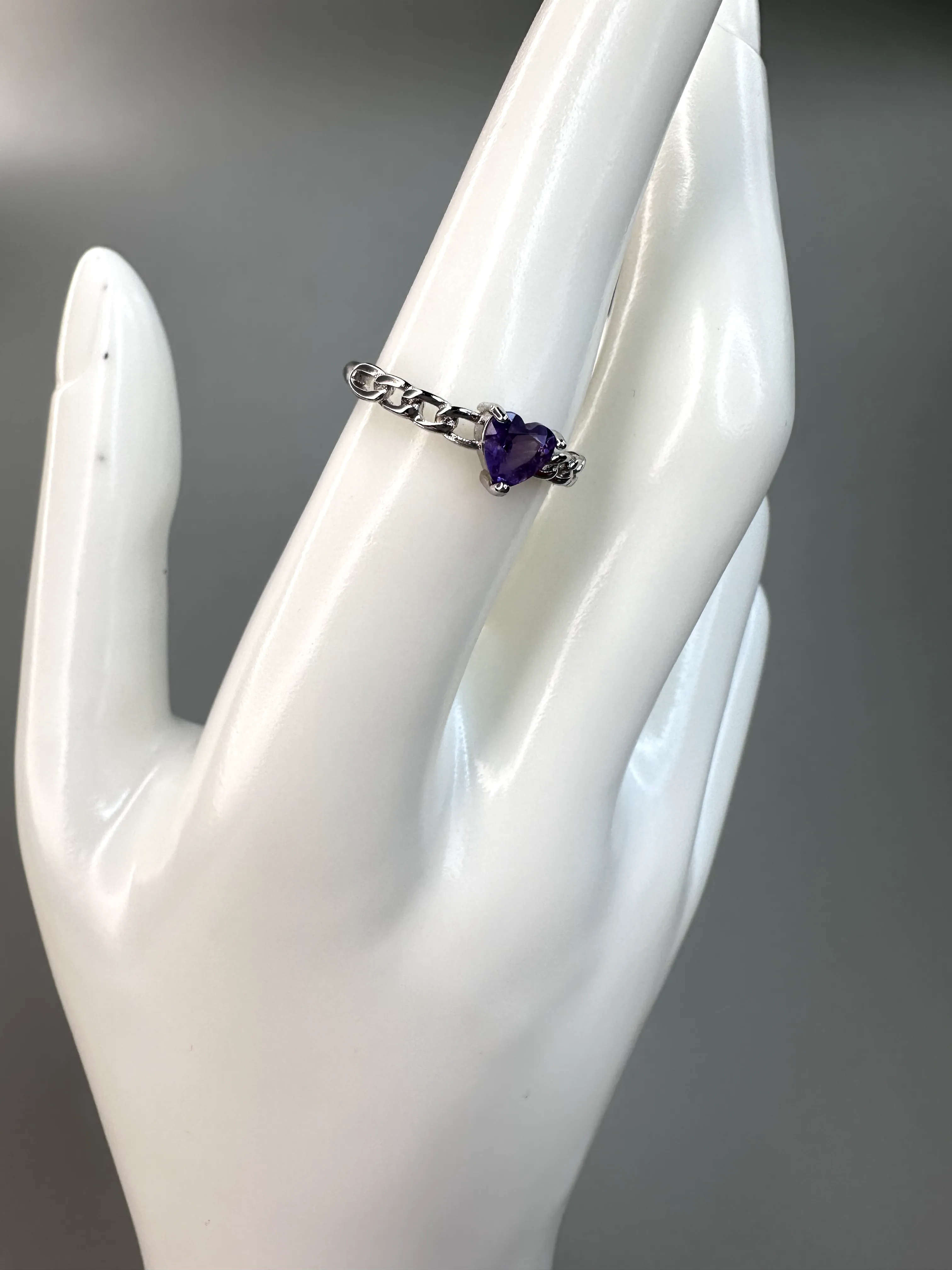 Dainty Amethyst Heart Ring | Adjustable | Silver Plated