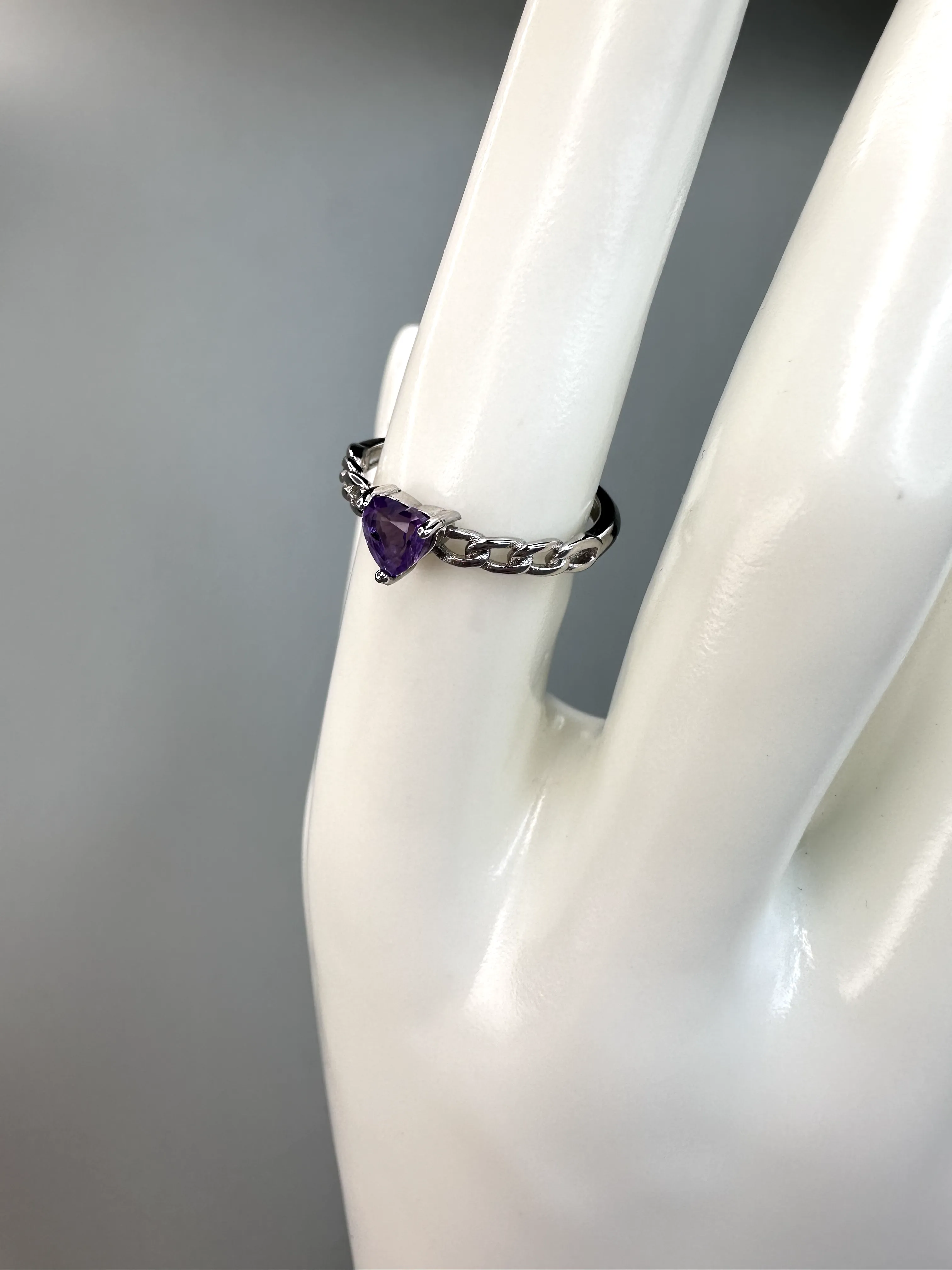 Dainty Amethyst Heart Ring | Adjustable | Silver Plated