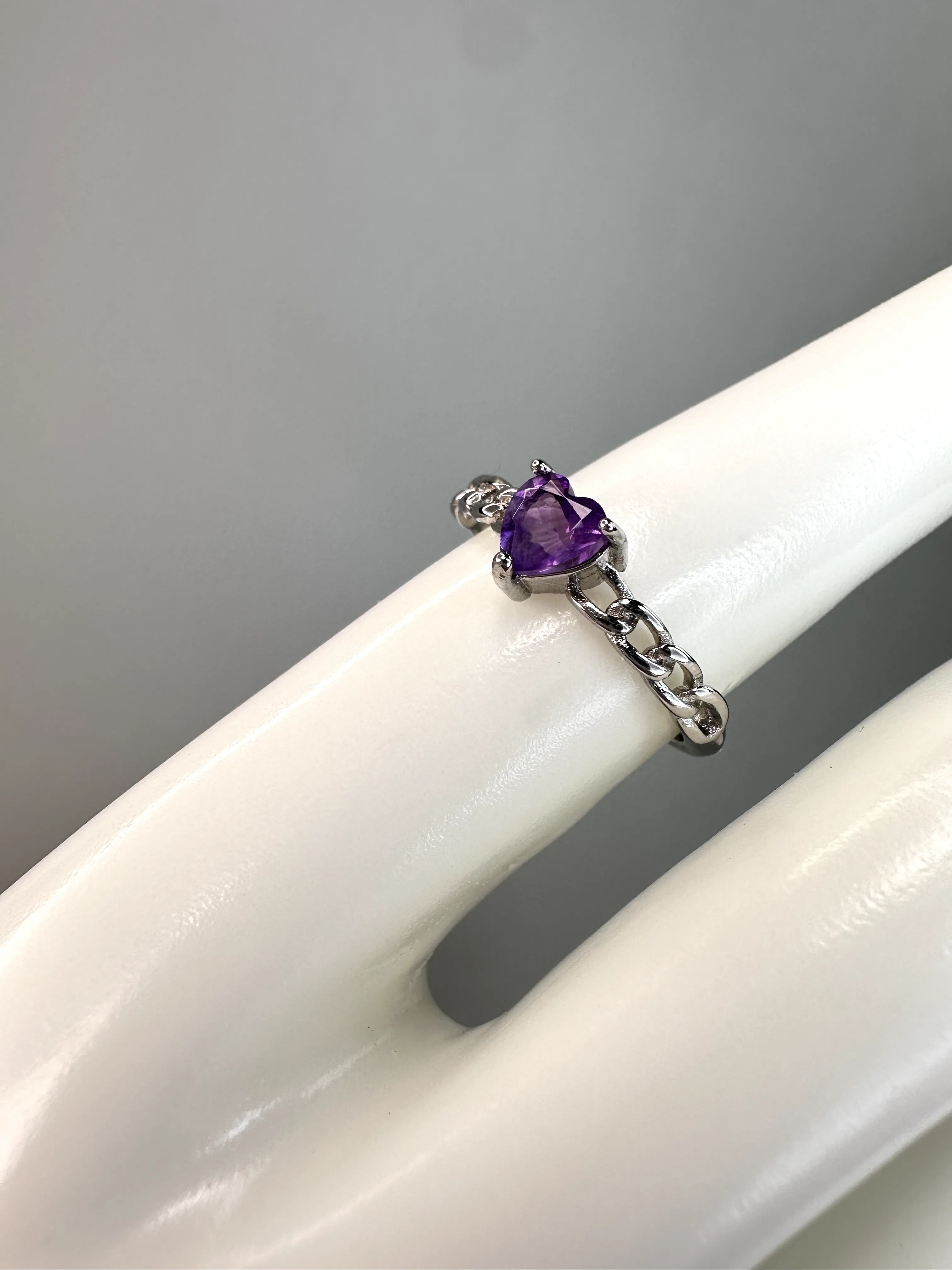 Dainty Amethyst Heart Ring | Adjustable | Silver Plated