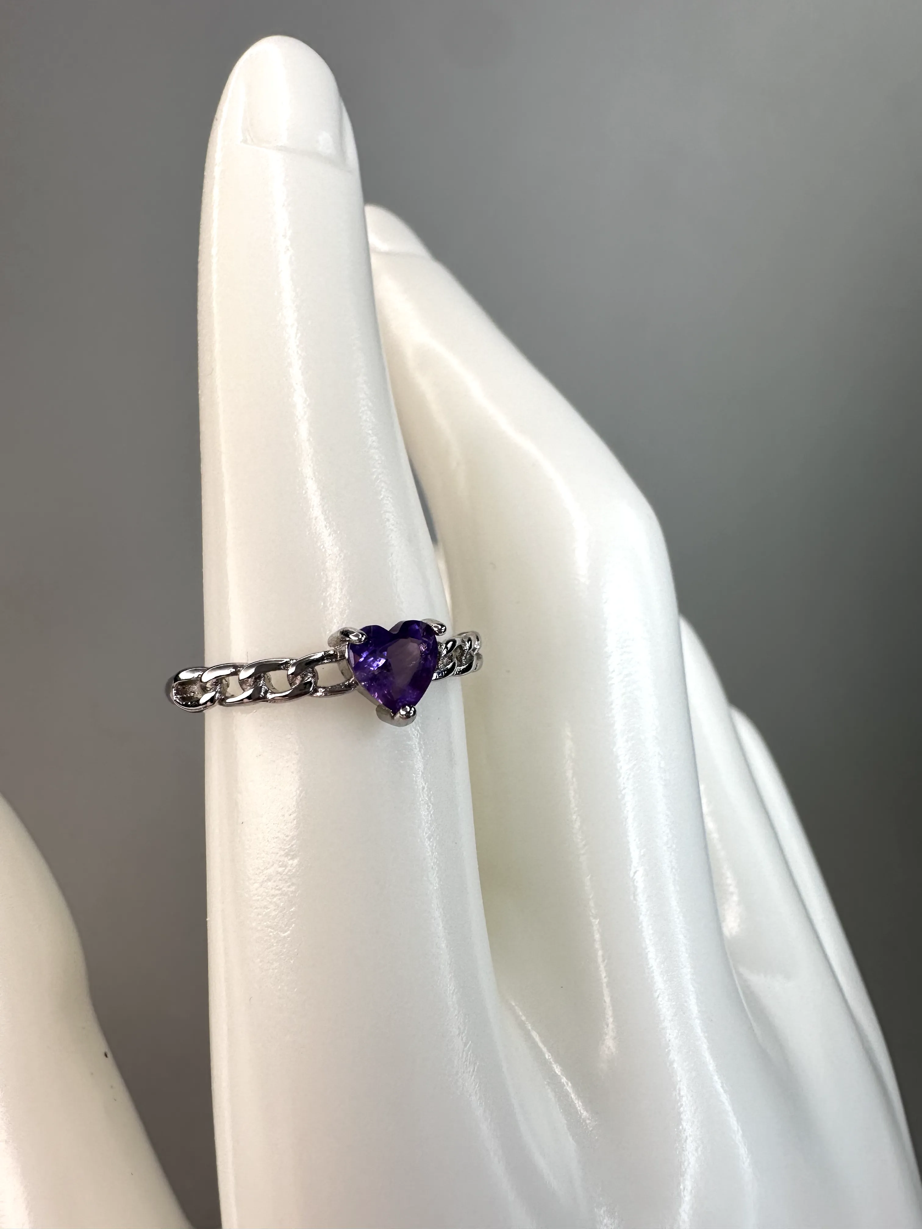 Dainty Amethyst Heart Ring | Adjustable | Silver Plated