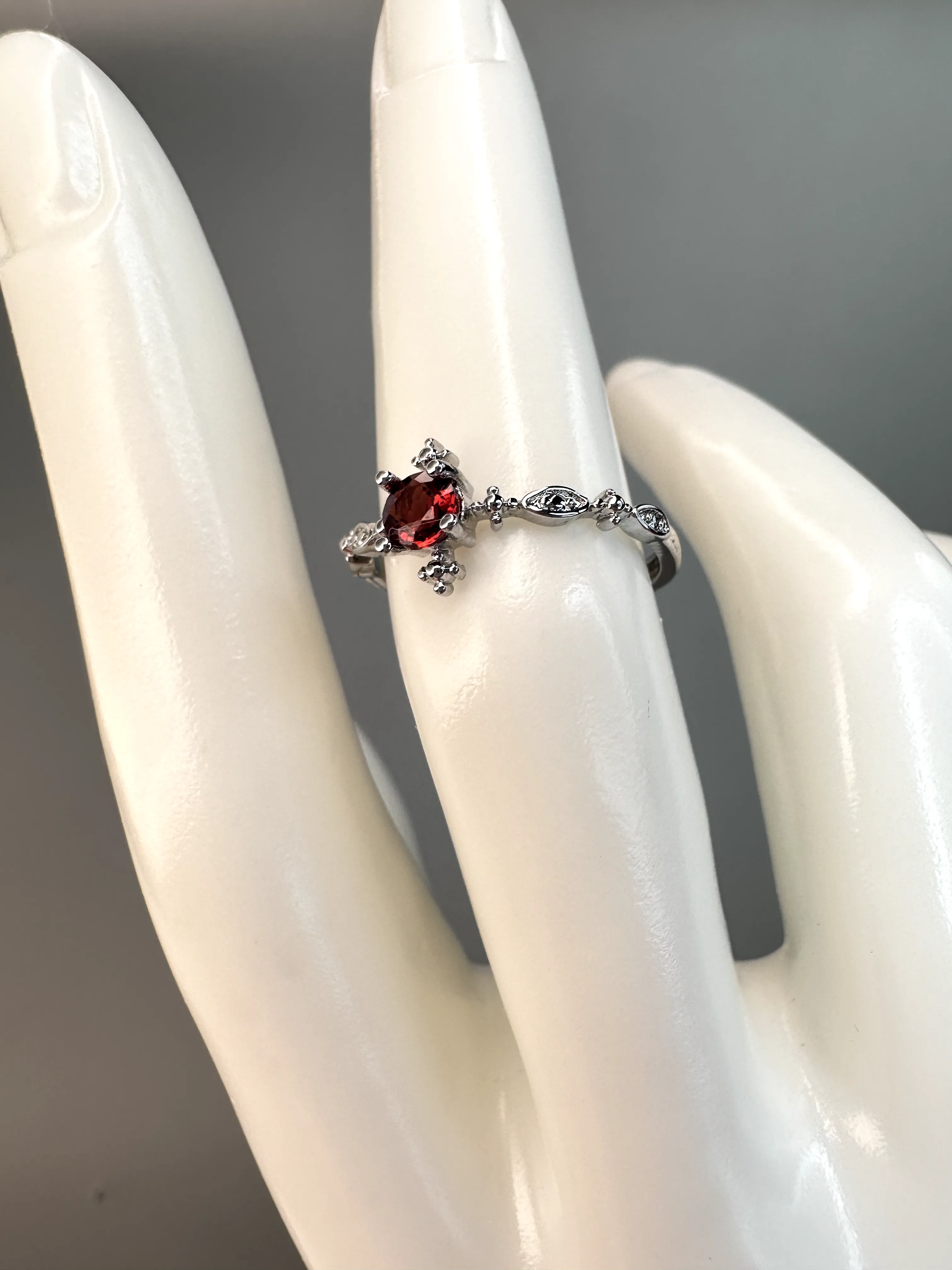 Dainty Garnet Ring | Adjustable | Silver Plated