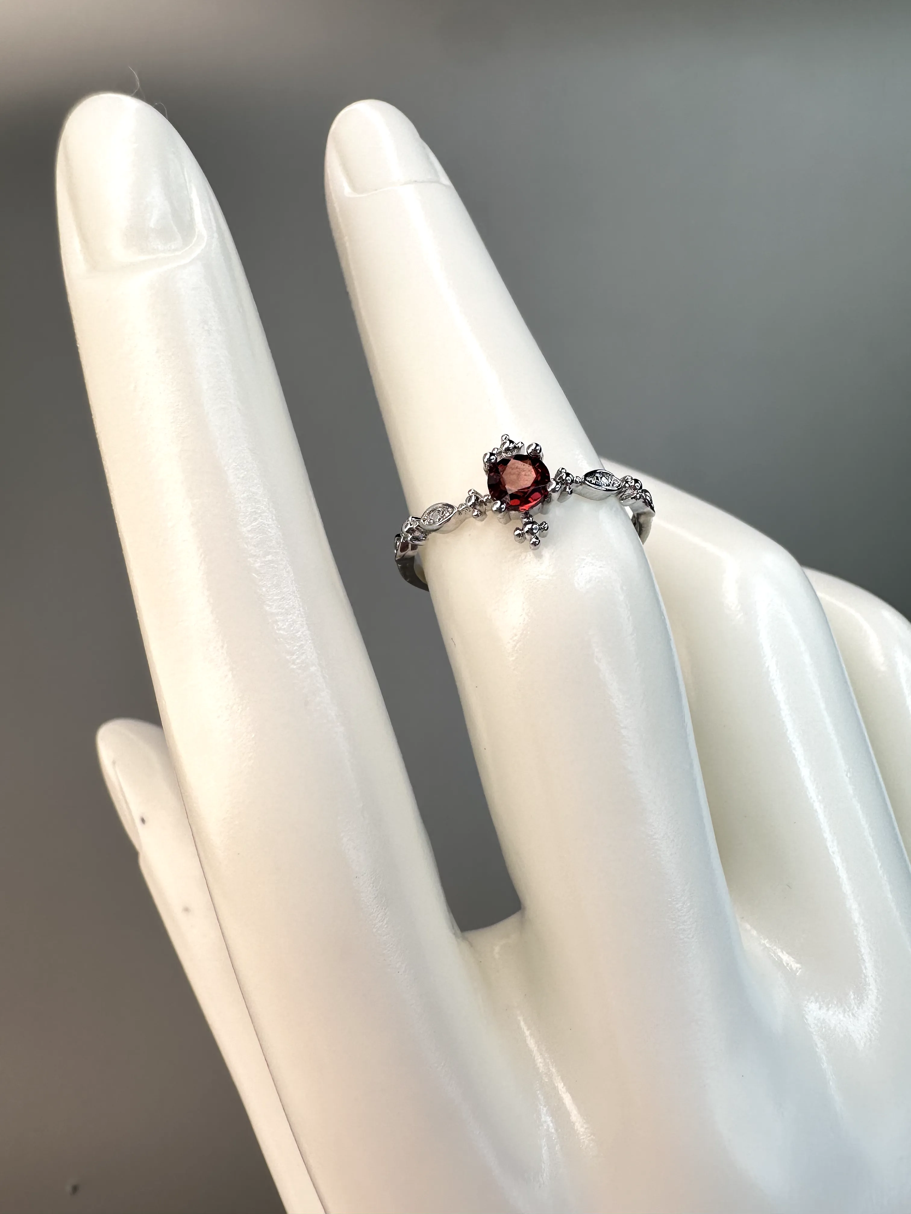 Dainty Garnet Ring | Adjustable | Silver Plated